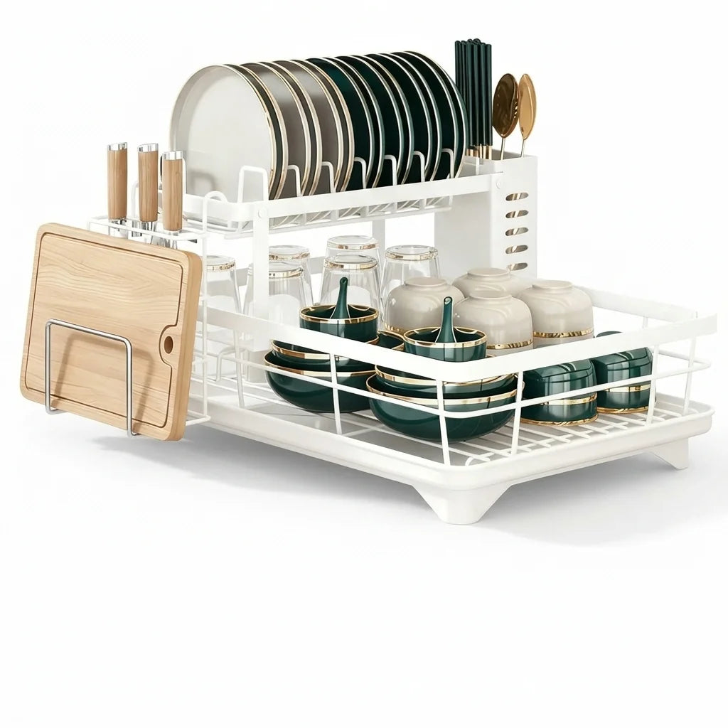 2-Tier Expandable Dish Drying Rack, Metal Kitchen Dish Rack and Drainboard Set with Knife Fork Holder & Cutting Board Organizer for Countertop