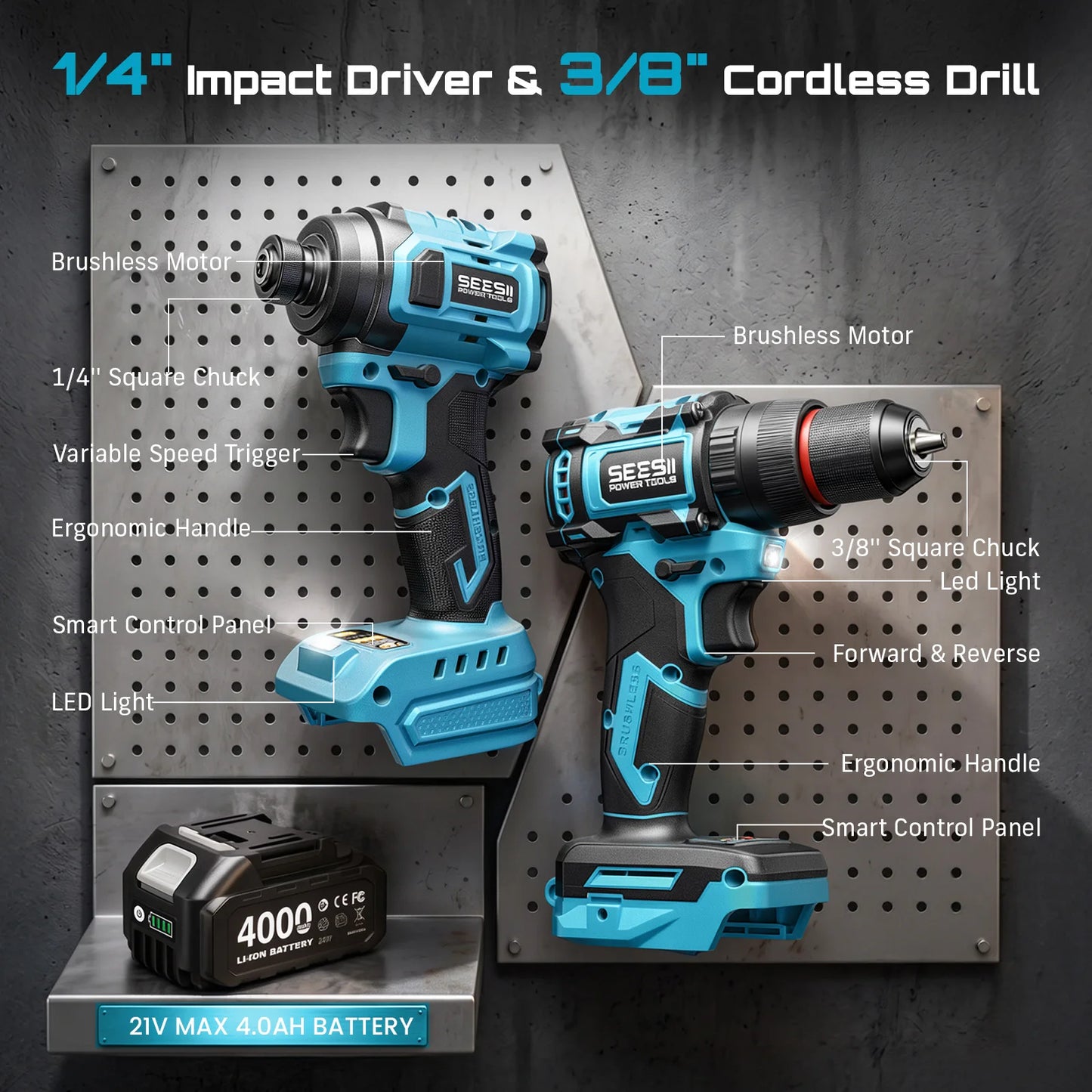SEESII 3/8'' Drill & 1/4'' Impact Driver 21V Cordless Electric Brushless Drill Impact Wrench Variable Speed Screwdriver Battery Powered Tool Kit with 2x4.0Ah Batteries LED Light