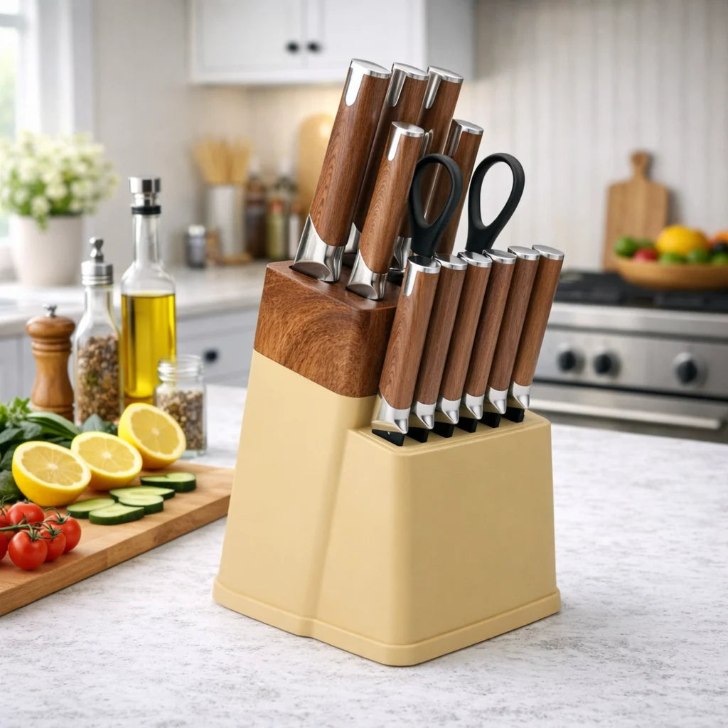 13Pcs Professional Kitchen Knife Block Set with 6 Steak Knives, High Carbon Stainless Steel Knives with Black Non-Stick Coating,