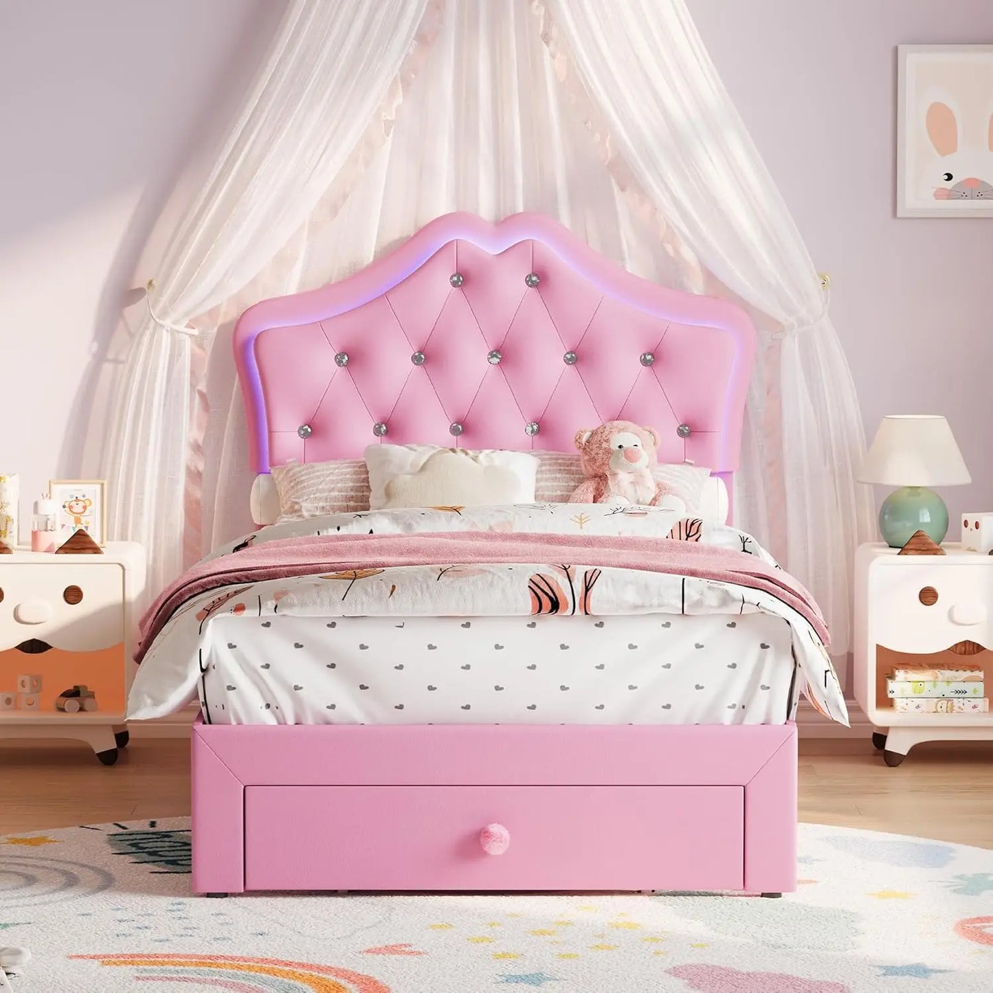 Twin XL Bed Frame With LED Headboard Storage Drawer Velvet Upholstered Platform Bed Crystal Button Noise Free No Box Spring