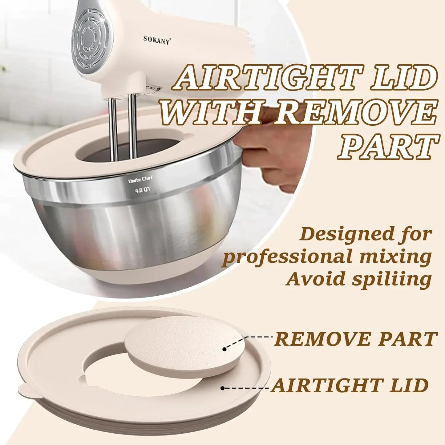 Mixing Bowls with Airtight Lids Set, 8PCS Stainless Steel Nesting Bowls with Grater Attachments, Non-Slip Bottoms, 5, 4, 3.5, 2, 1.5QT for Mixing & Serving