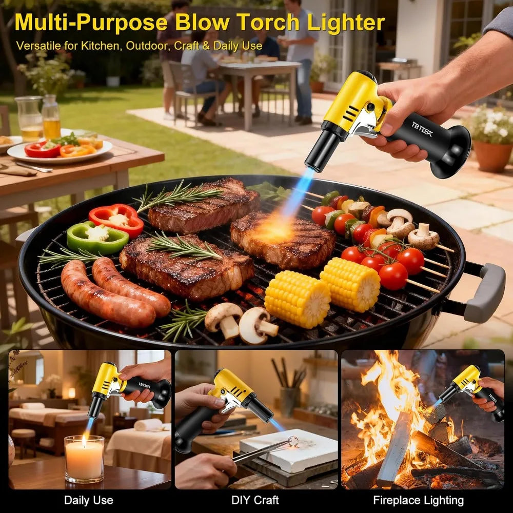 Butane Torch with Fuel Gauge, One-Hand Operation Kitchen Lighter, Adjustable Flame for BBQ, Baking, Brulee, Crafts & Soldering