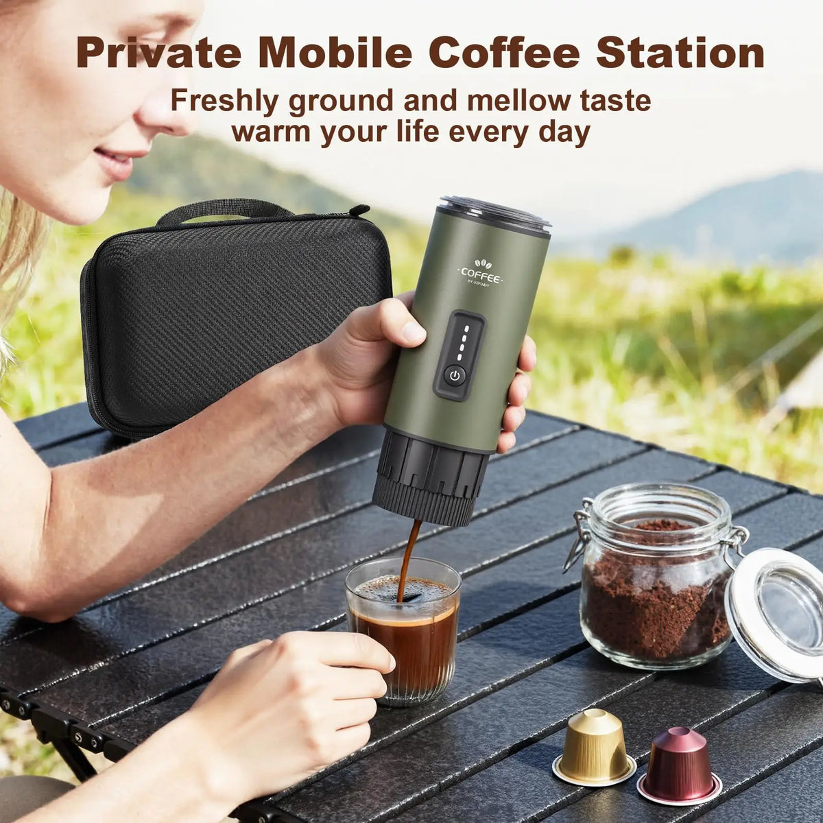 Portable Espresso Maker 3 in 1 Coffee Machine with Carrying Bag Works with Ground Coffee and Capsule Pod Self Heating for Travel