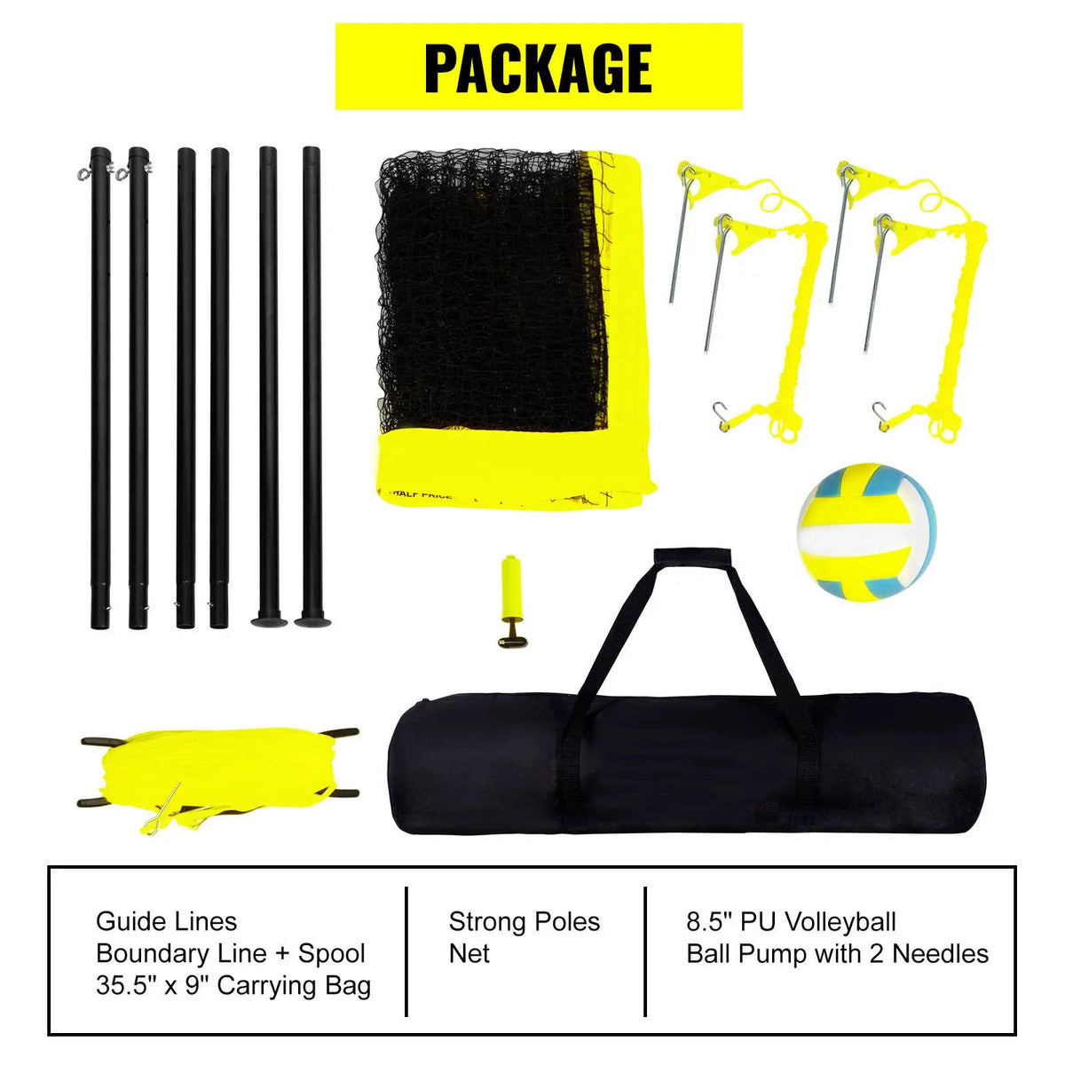 Outdoor Portable Volleyball Net System, Adjustable Height Steel Poles, Professional Volleyball Set with PVC Volleyball, Pump