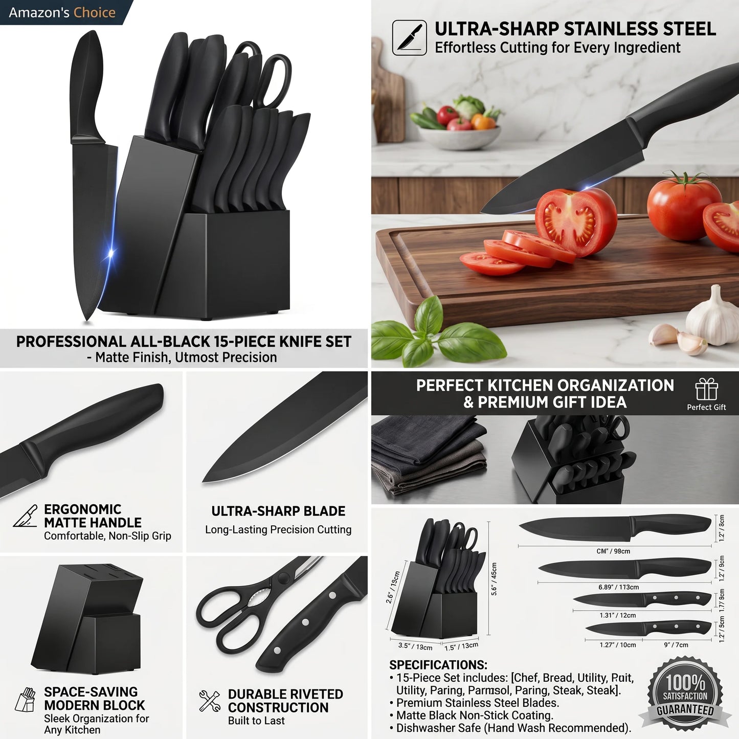 15Pcs Full Stainless Steel Kitchen Knife Set with Black Knife Block, All-in-one Hollow Handle Chef Knives Sharpener Scissor, Ultra Sharp Slicing Bread Steak Paring Knives Home Cooking Cutlery Gift Set