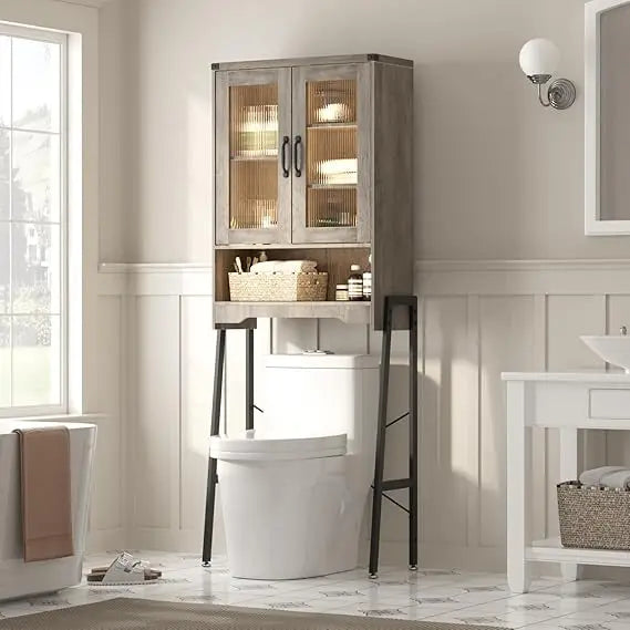 Bathroom Space-Saving Organizer: Metal Stand Over-the-Toilet Storage Cabinet with Tempered Glass Doors and Adjustable Shelves