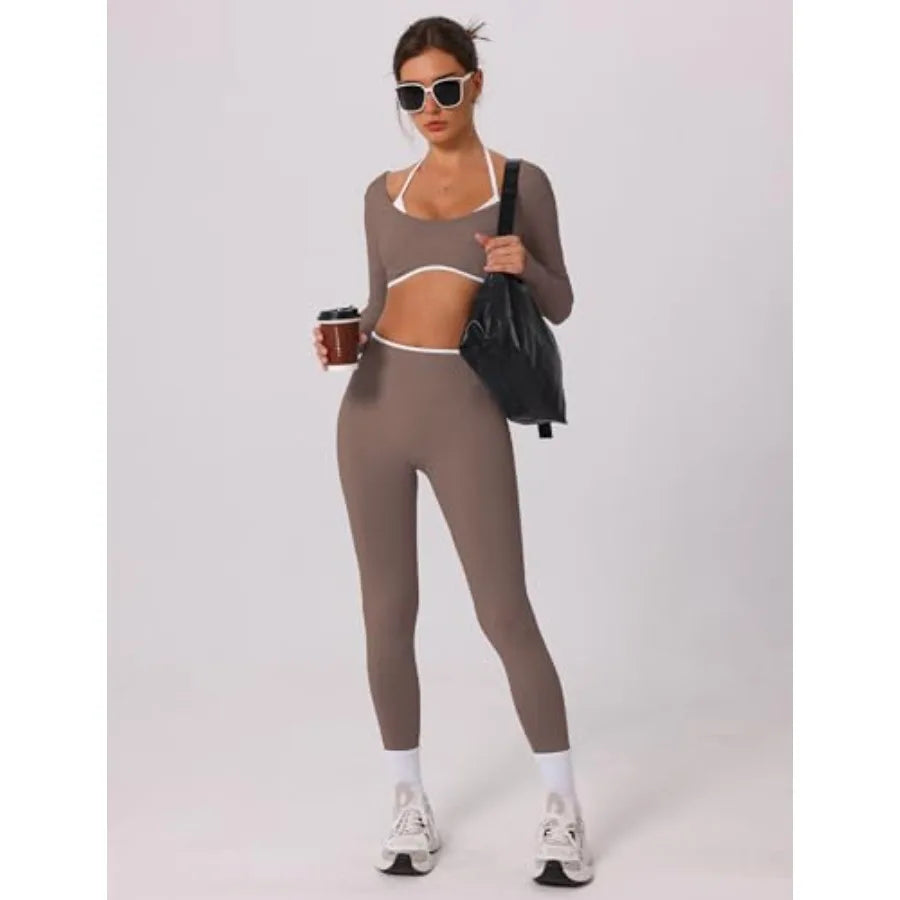 ABOCIW Workout Sets for Women Long Sleeve Crop Top Scrunch Butt Lifting High Waist Leggings 2 Pcs Gym Yoga Outfits