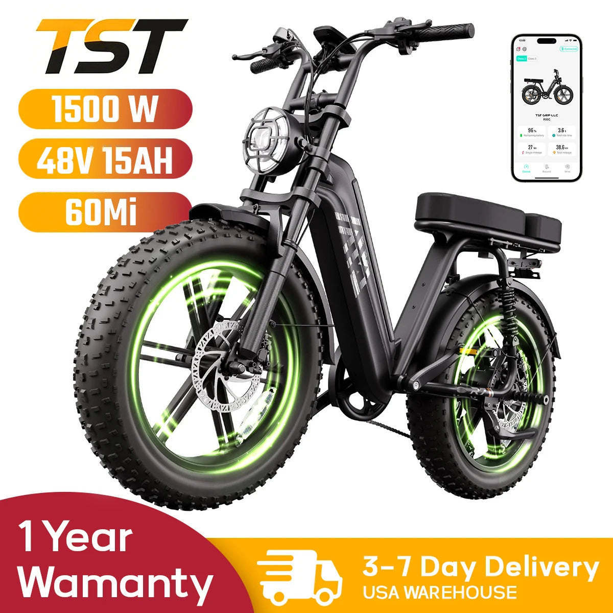 TST 1500W Electric Fat Tire Bike 60 Mile Range