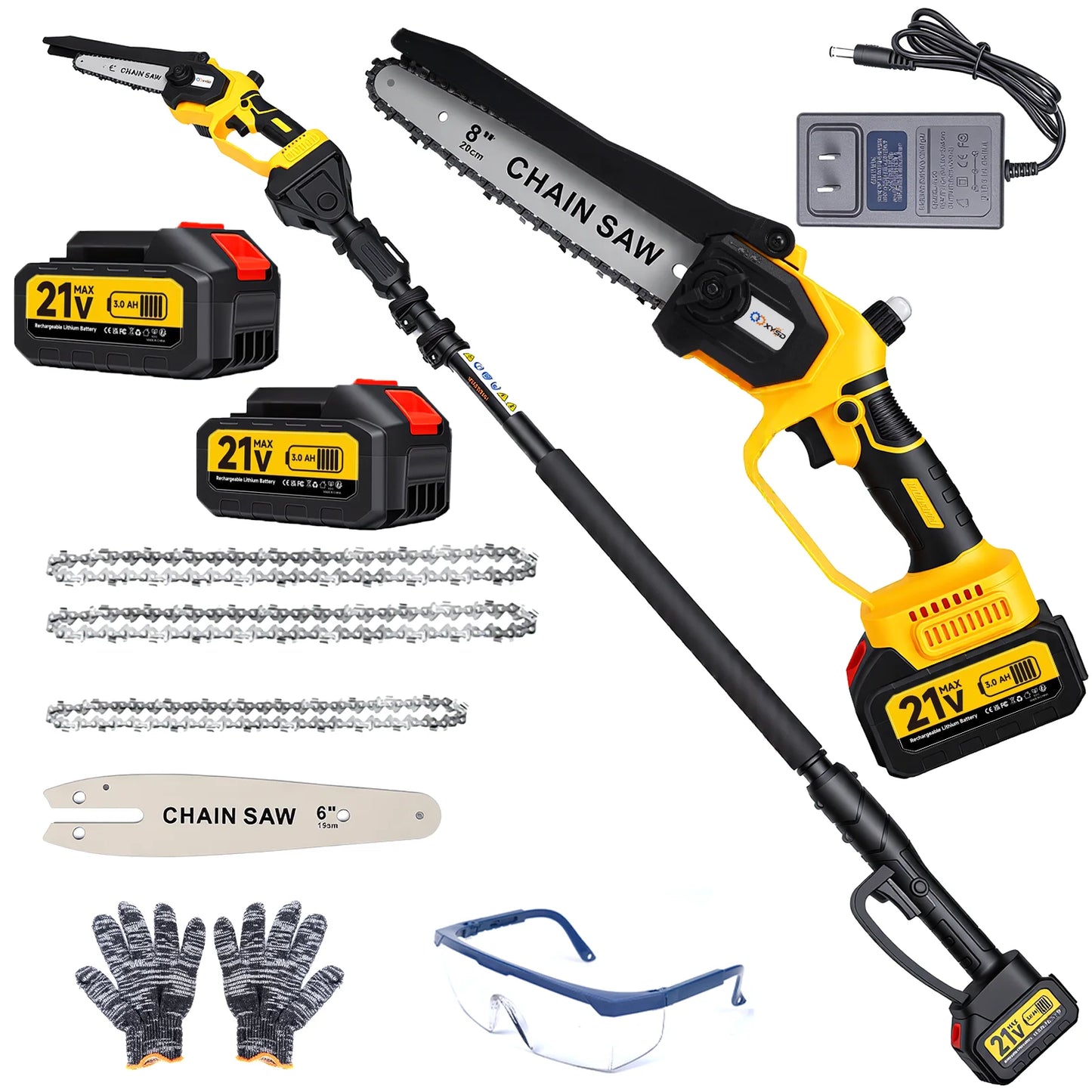 XYSD 2-in-1Cordless Pole Saw&Mini Chainsaw,6"&8"Electric Tree Trimmer with Extension Pole, Handheld Chain Saw for Branch Cutting