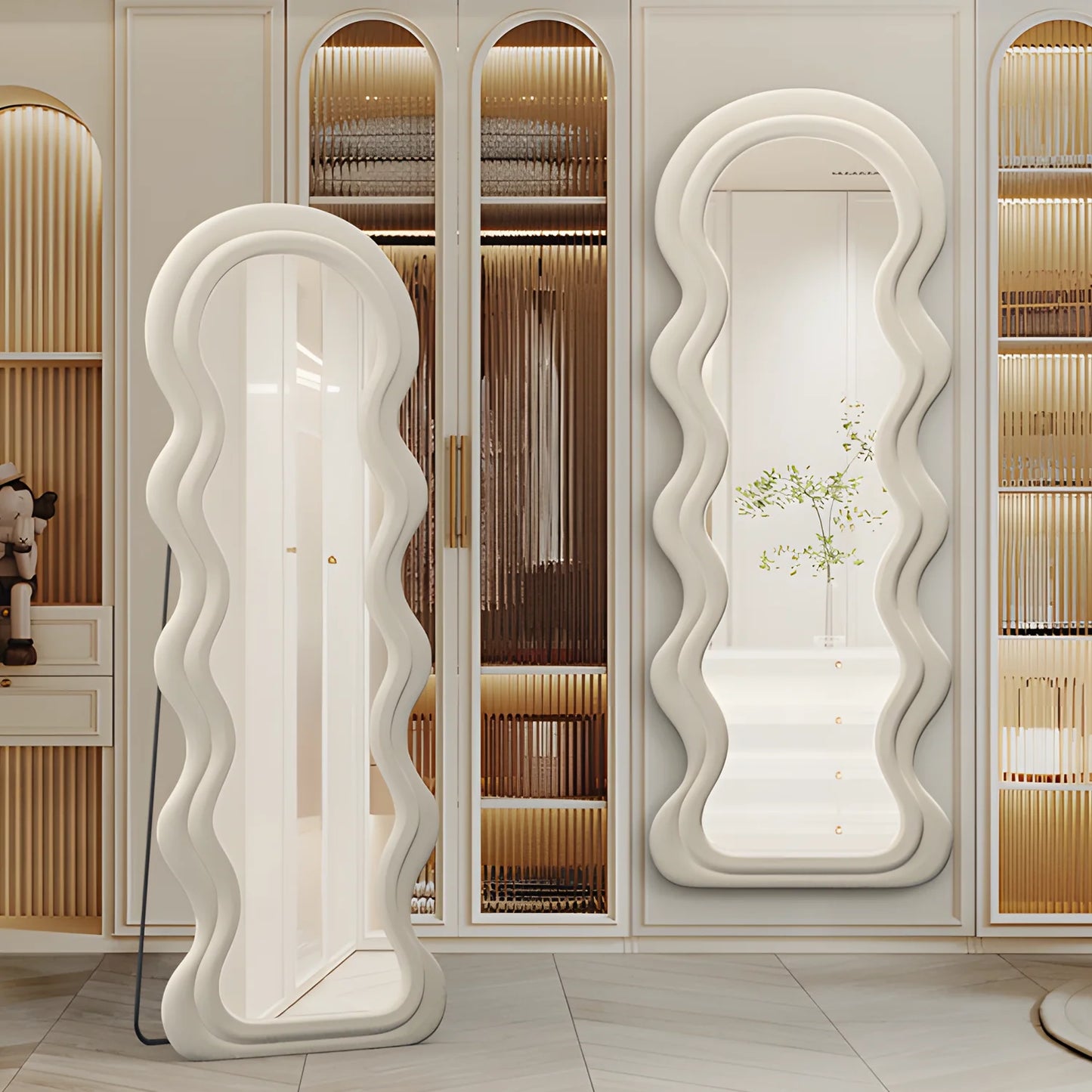 Full Length Floor Mirror With Irregular Wavy Wooden Frame