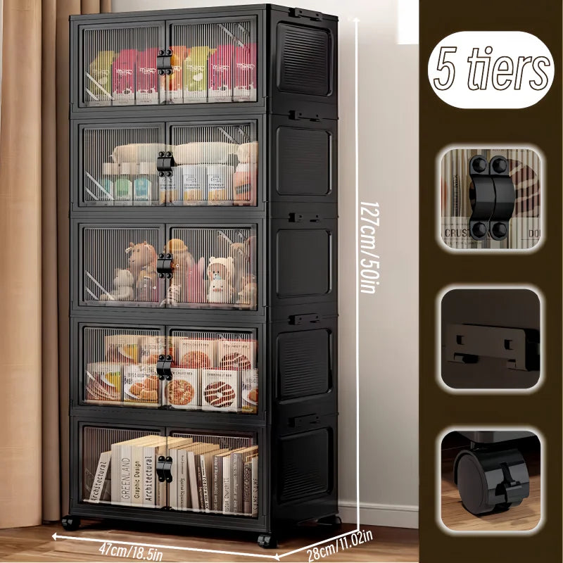 3/4/5/6-tier foldable storage cabinet with clear double doors, foldable and stackable plastic storage boxes with wheels, large-capacity rolling organizer, perfect for pantry, bedroom, bathroom, or coffee bar, black