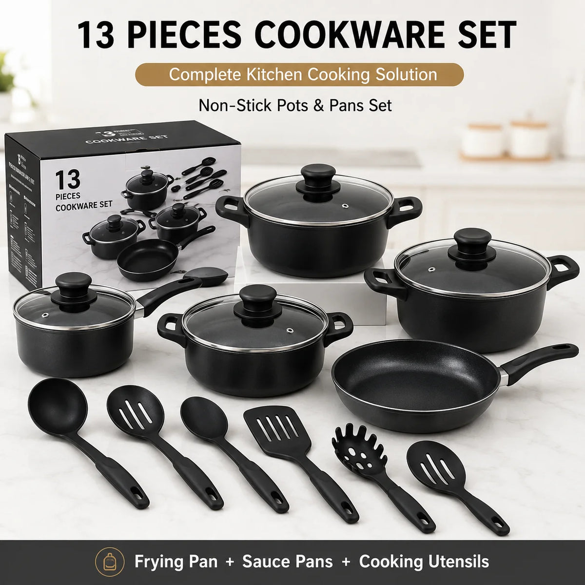 13-Piece Cookware Set, Non-Stick Stone Coating Kitchen Pots and Pans Set, Stainless Steel Handle Glass Lids, Soup Pot Frying Pan Milk Pot, Korean Style Cookware