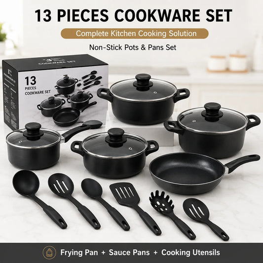 13-Piece Cookware Set, Non-Stick Stone Coating Kitchen Pots and Pans Set, Stainless Steel Handle Glass Lids, Soup Pot Frying Pan Milk Pot, Korean Style Cookware