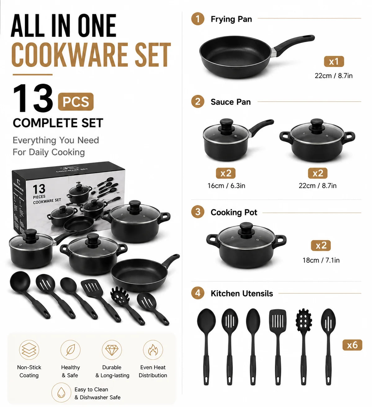 13-Piece Cookware Set, Non-Stick Stone Coating Kitchen Pots and Pans Set, Stainless Steel Handle Glass Lids, Soup Pot Frying Pan Milk Pot, Korean Style Cookware