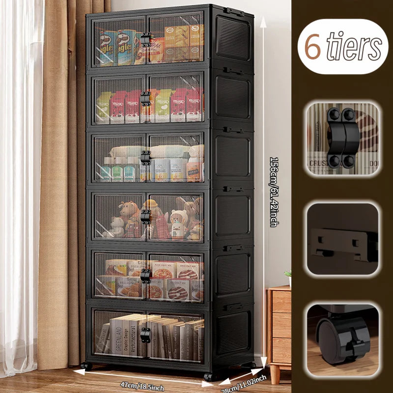 3/4/5/6-tier foldable storage cabinet with clear double doors, foldable and stackable plastic storage boxes with wheels, large-capacity rolling organizer, perfect for pantry, bedroom, bathroom, or coffee bar, black
