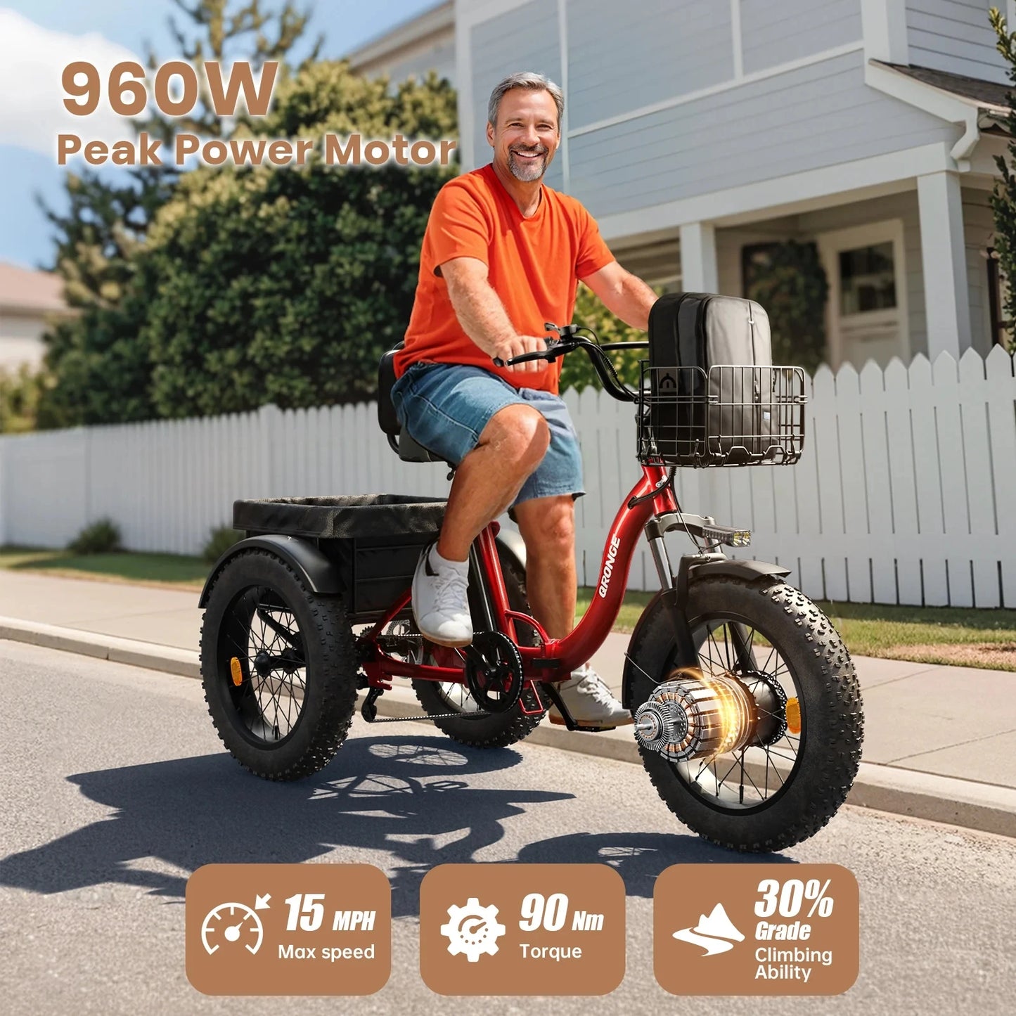 Qronge Electric Bike 960W Peak 36V 13.5Ah Folding Trike