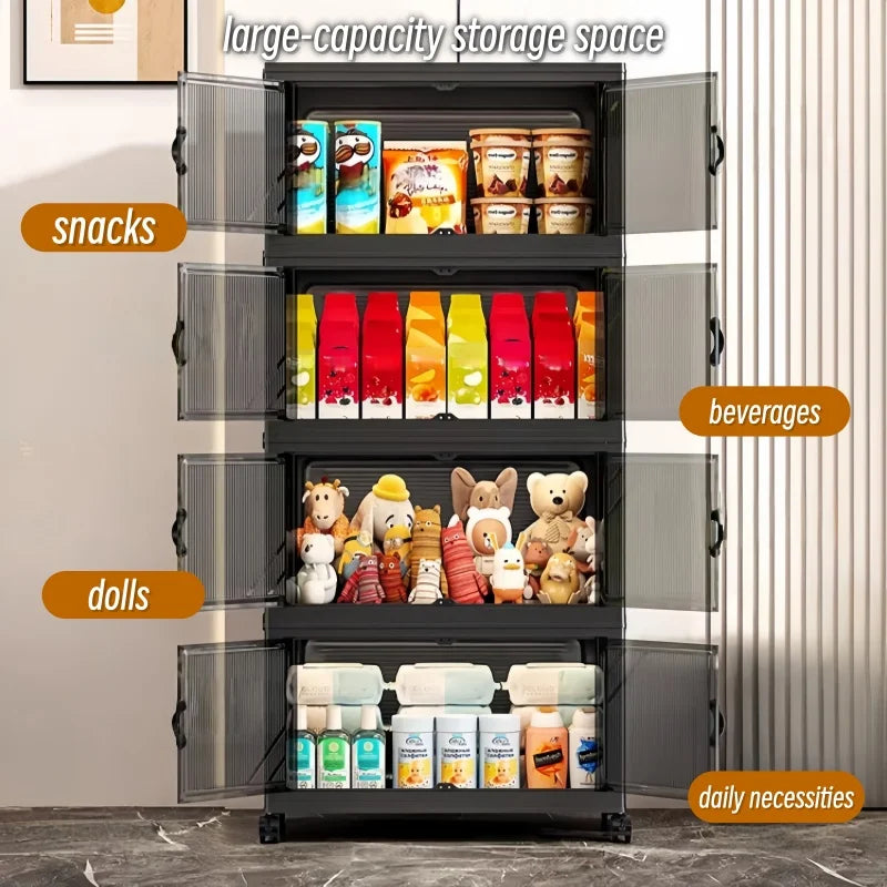 3/4/5/6-tier foldable storage cabinet with clear double doors, foldable and stackable plastic storage boxes with wheels, large-capacity rolling organizer, perfect for pantry, bedroom, bathroom, or coffee bar, black