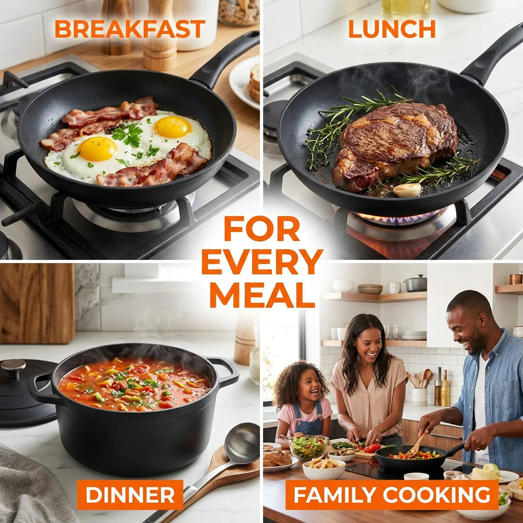 13-Piece Cookware Set, Non-Stick Stone Coating Kitchen Pots and Pans Set, Stainless Steel Handle Glass Lids, Soup Pot Frying Pan Milk Pot, Korean Style Cookware