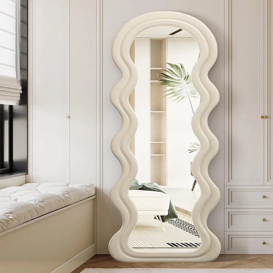 Full Length Floor Mirror With Irregular Wavy Wooden Frame