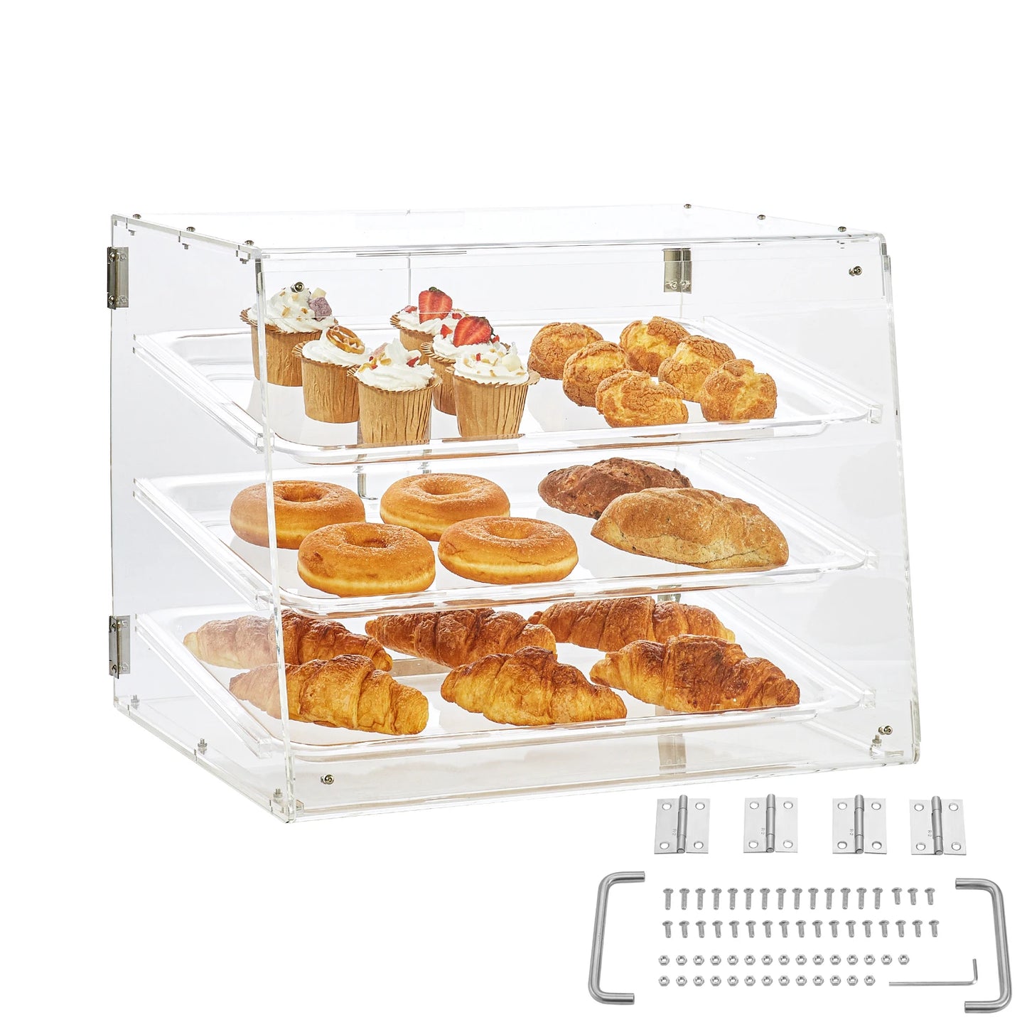 SucceBuy 3 Tier Clear Pastry Display Case Acrylic Commercial Countertop Bakery Display Case with Front and Rear Door for Bread