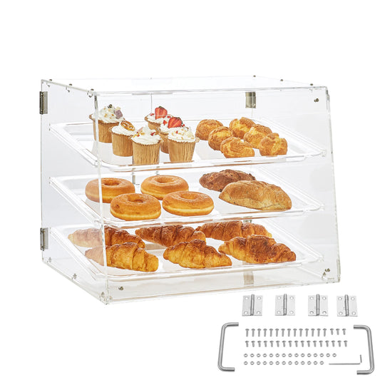 SucceBuy 3 Tier Clear Pastry Display Case Acrylic Commercial Countertop Bakery Display Case with Front and Rear Door for Bread
