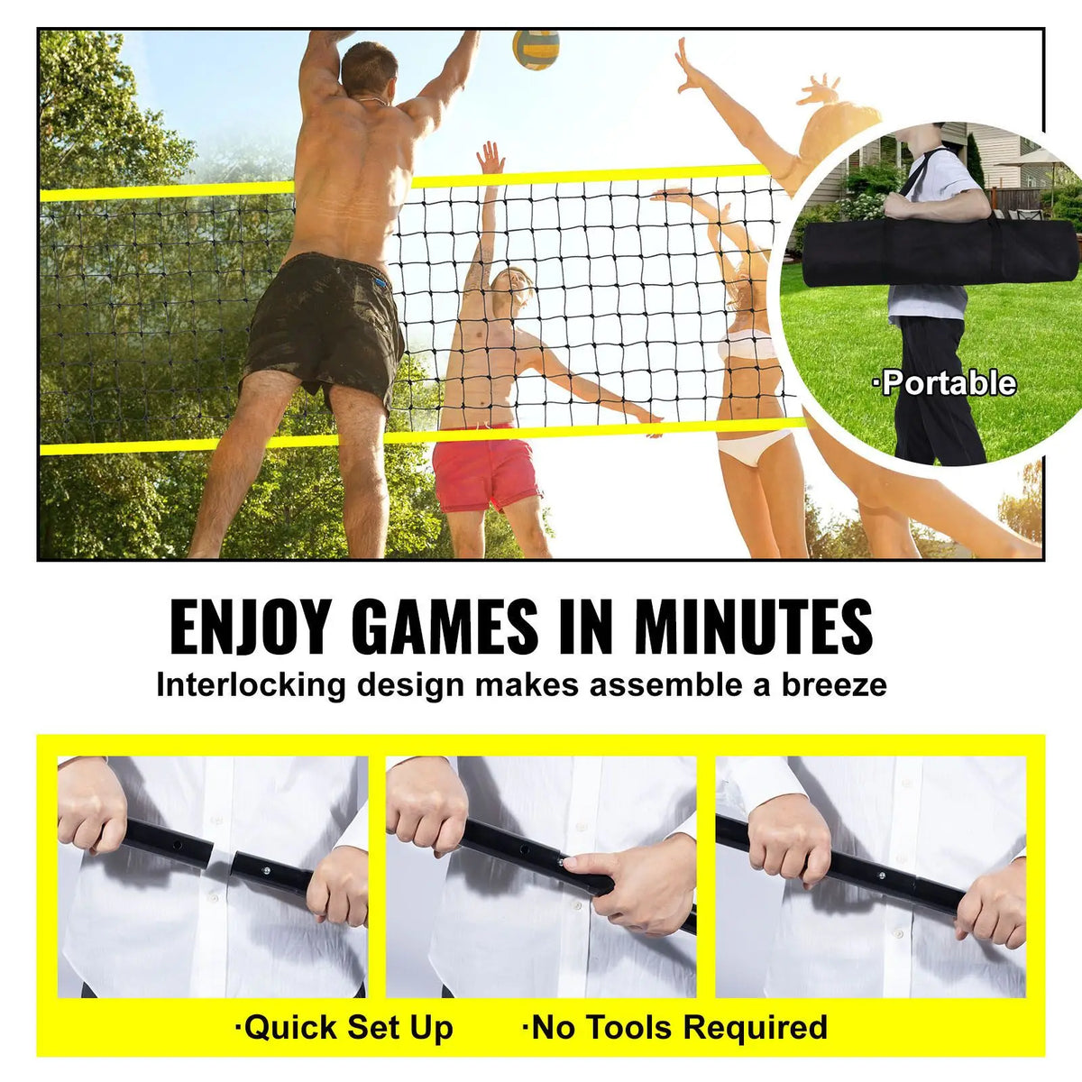 Outdoor Portable Volleyball Net System, Adjustable Height Steel Poles, Professional Volleyball Set with PVC Volleyball, Pump