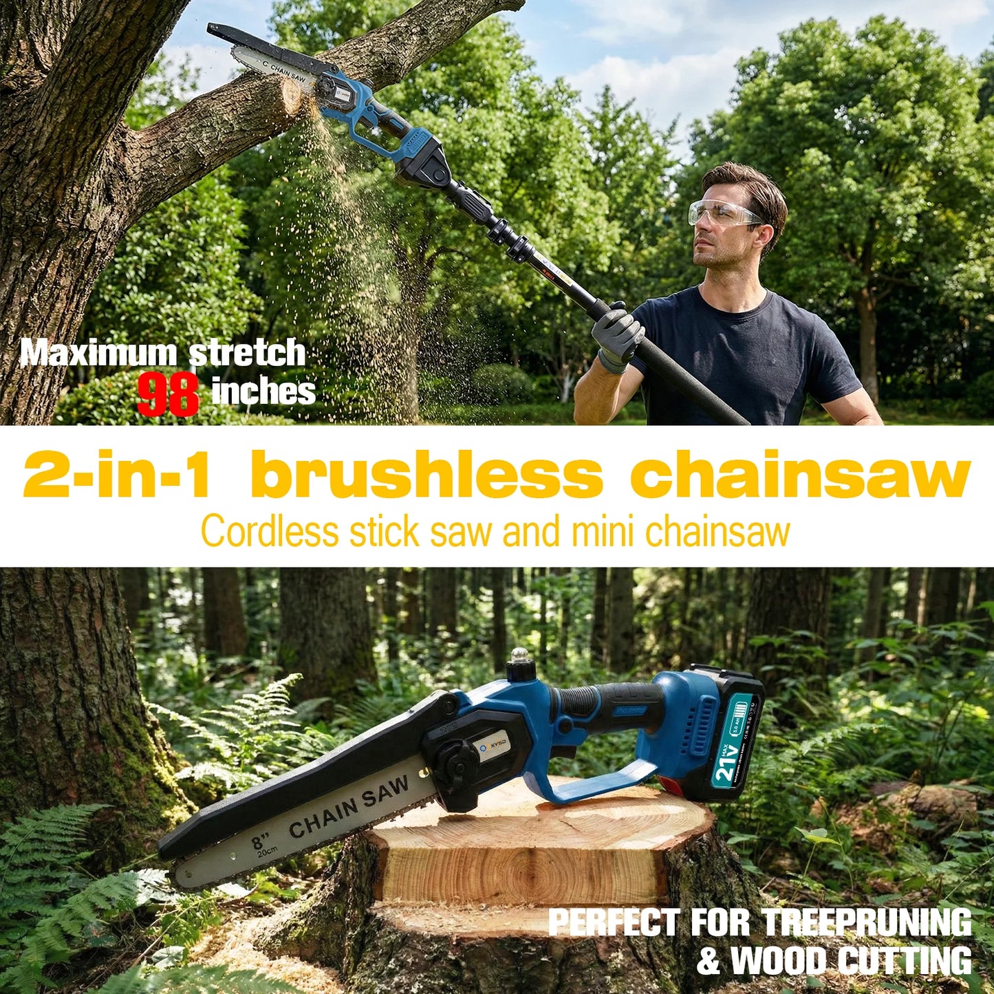 XYSD 2-in-1Cordless Pole Saw&Mini Chainsaw,6"&8"Electric Tree Trimmer with Extension Pole, Handheld Chain Saw for Branch Cutting