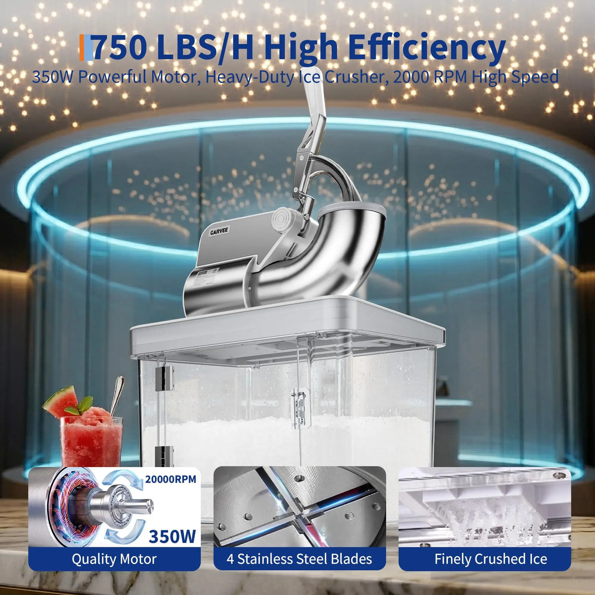 Commercial Ice Crusher 750 LBS Per Hour 350W Electric Snow Cone Machine With 4 Stainless Steel Blades 2000 RPM 8 98 Gal Hopper Shaved Ice Maker With Safety On Off Switch For Home Restaurants Bars White