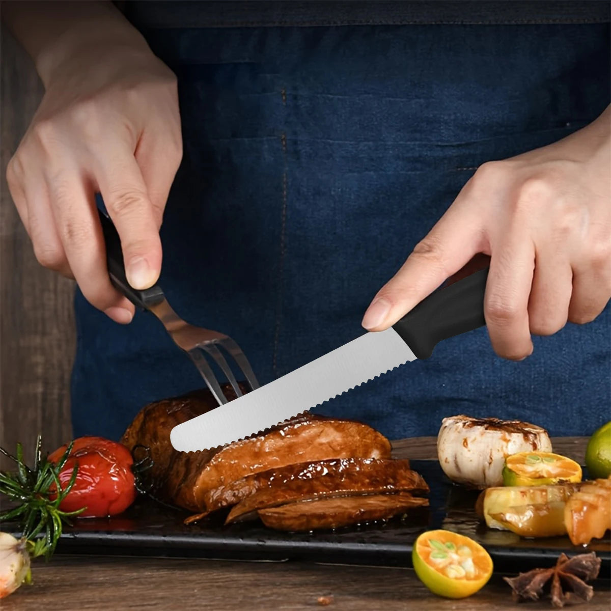 6Pcs Colorful Serrated Steak Knives Set Stainless Steel Sharp Table Cutlery Multi Color Non Slip Handle Western Dinner Knife For Home Restaurant BBQ Meat Cutting Kitchen Tool