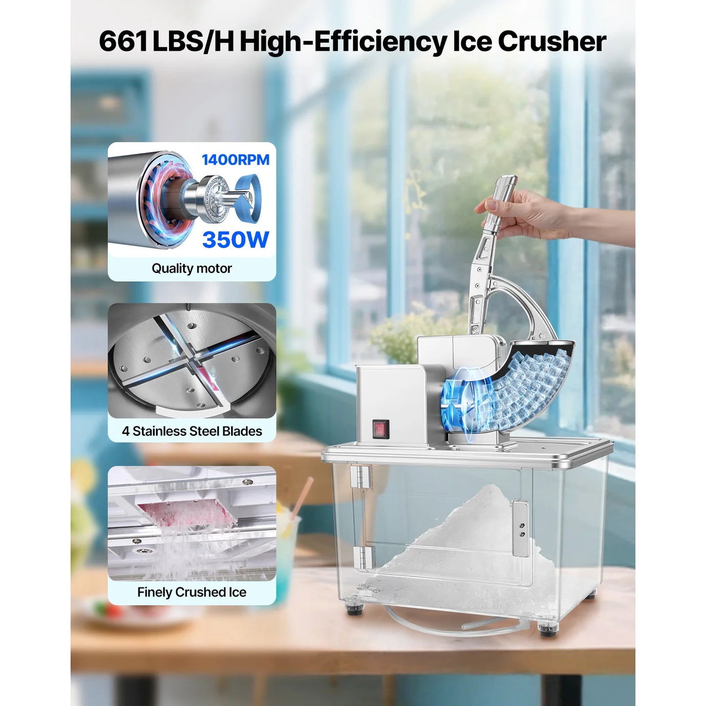 SucceBuy Commercial Ice Crusher 661LBS/H 350W Electric Snow Cone Machine Stainless Steel Shaved Ice Machine for Restaurants Bars