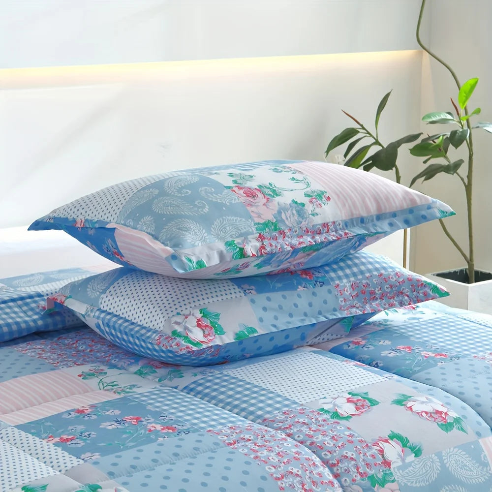 2/3pcs Luxury Comforter Set, Blue Checkered Floral Design, Lightweight Quilt Set For All Seasons, Super Soft Bedding Set For Deep Sleep, Includes 1 Comforter And 1 Or 2 Pillowcases, Bed In A Bag, Machine Washable, Perfect Gif