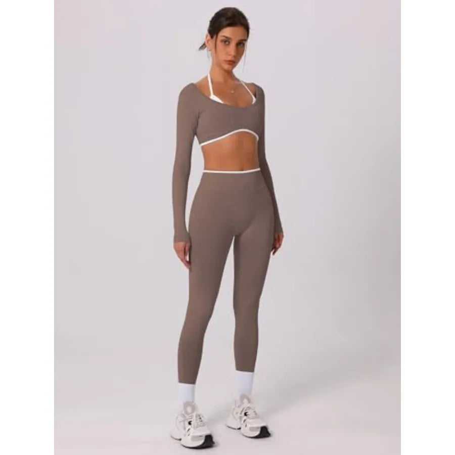 ABOCIW Workout Sets for Women Long Sleeve Crop Top Scrunch Butt Lifting High Waist Leggings 2 Pcs Gym Yoga Outfits