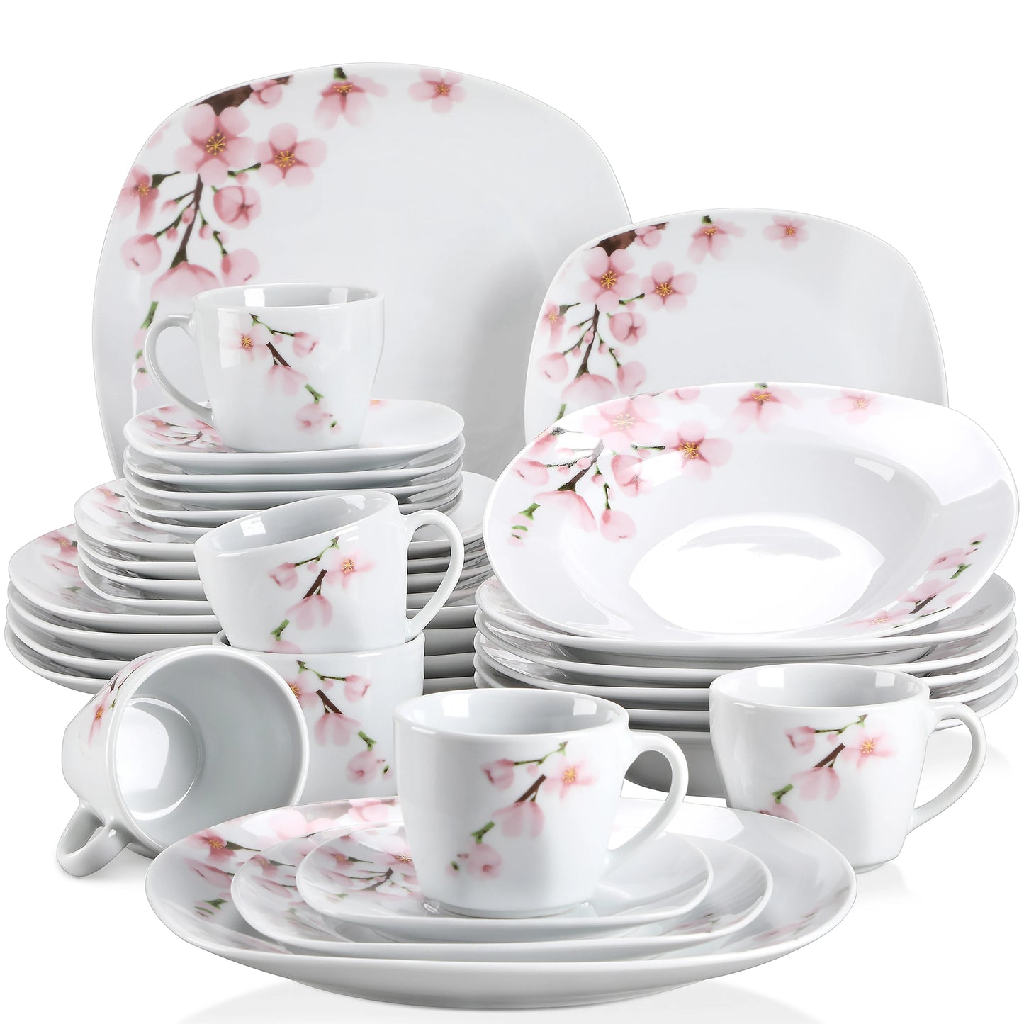 VEWEET ANNIE 30/24/20 Pcs Porcelain Dinnerware Set Pink Floral Plates Dinner Set with Dinner Plate/Dessert/Soup/Cup/Saucer