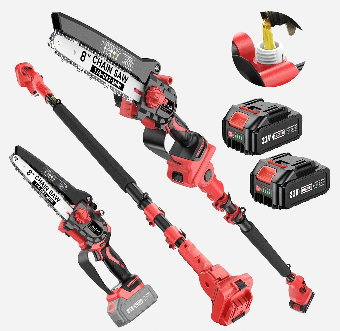 Avhrit 2-in-1 Mini Chainsaw & Electric Pole Pruner 8 Inch 8000 mAh (2×4.0Ah) Batteries Brushless Motor  Extendable Pole up to 4.9 m 120° Pivoting Cutting Head Automatic Lubrication System