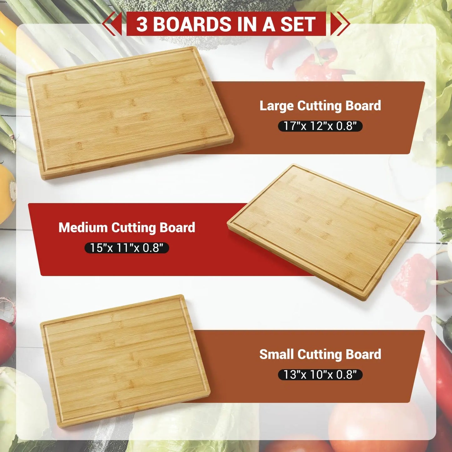 Bamboo Cutting Board Set of 3, Chopping Board Set with Holder, Kitchen Wood Cutting Board Set with Deep Juice Grooves and Inner Handles for Cheese, Meat, Vegetables