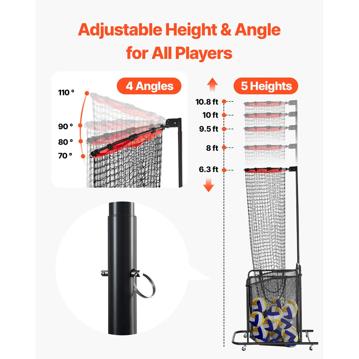 VEVOR Volleyball Setter Training Equipment Angle Height Adjustable with Cart Wheels Carrying Bag for Serving Spiking Setting