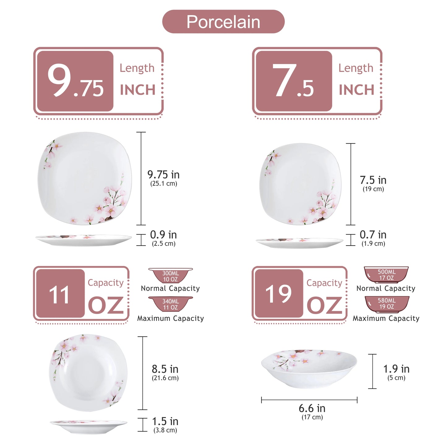 VEWEET ANNIE 30/24/20 Pcs Porcelain Dinnerware Set Pink Floral Plates Dinner Set with Dinner Plate/Dessert/Soup/Cup/Saucer