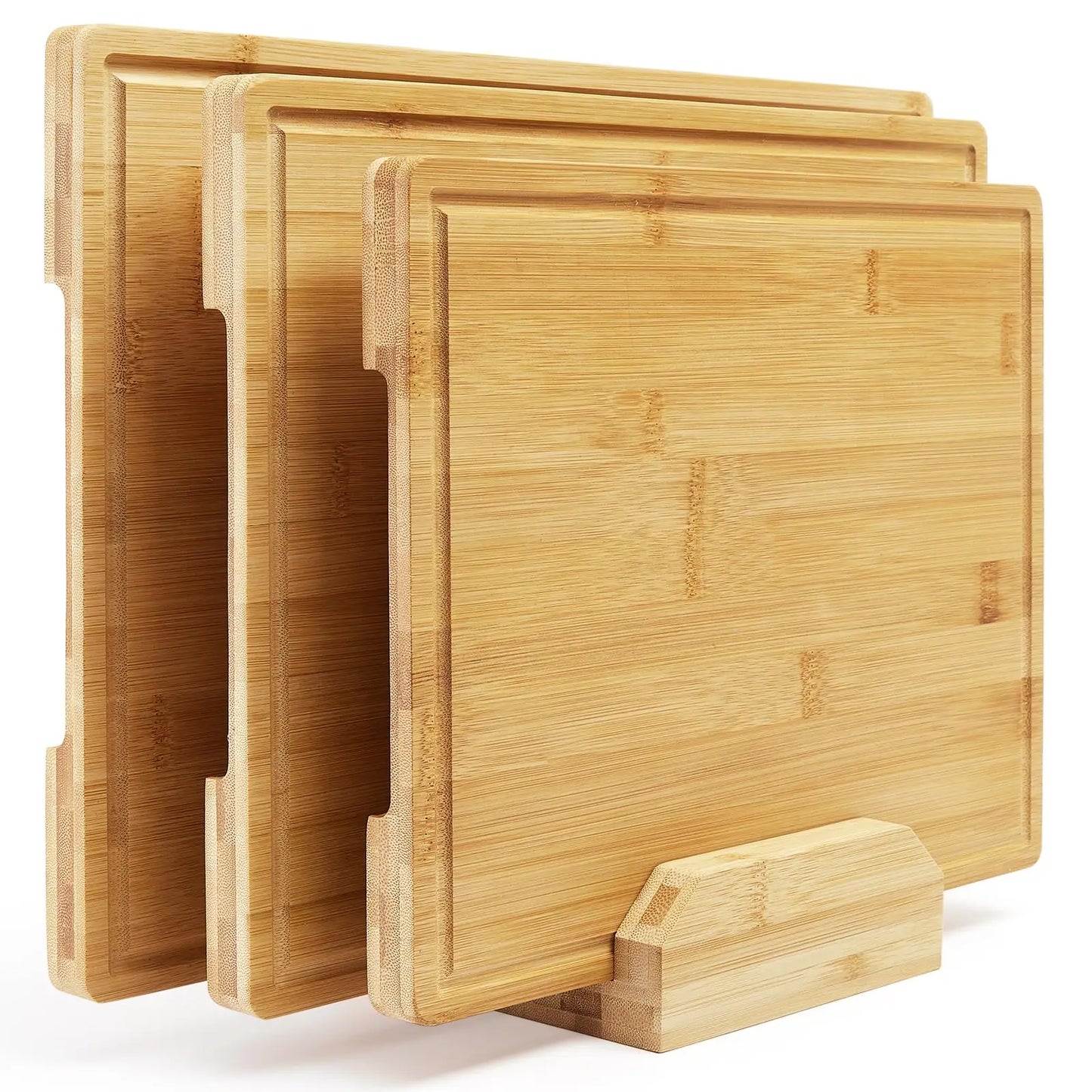 Bamboo Cutting Board Set of 3, Chopping Board Set with Holder, Kitchen Wood Cutting Board Set with Deep Juice Grooves and Inner Handles for Cheese, Meat, Vegetables