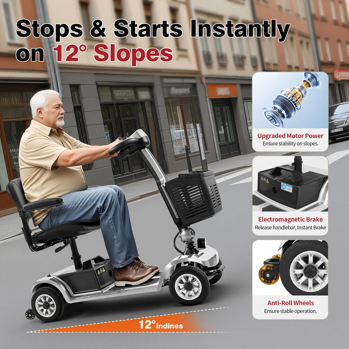 Unificare Silver 12Ah Foldable 4 Wheel Mobility Scooter Carbon Steel Frame with Electromagnetic Brake for Seniors and Adults