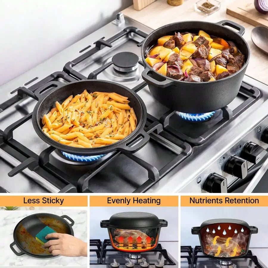 2-In-1 Pre-Seasoned Cast Iron Dutch Oven Pot With Skillet Lid Cooking Pan, Cast Iron Skillet Cookware Pan Set With Dual Handles Indoor Outdoor For Bread, Frying, Baking, Camping, BBQ, 5QT