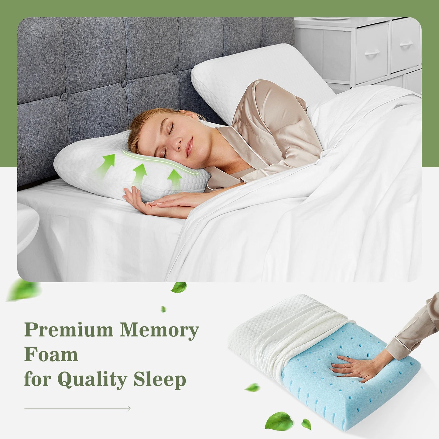 JHK 2-pieces Memory Foam Pillows Standard Size Neck Pillow Ventilated Cooling Bed Pillow with Removable Washable Cover Comfort