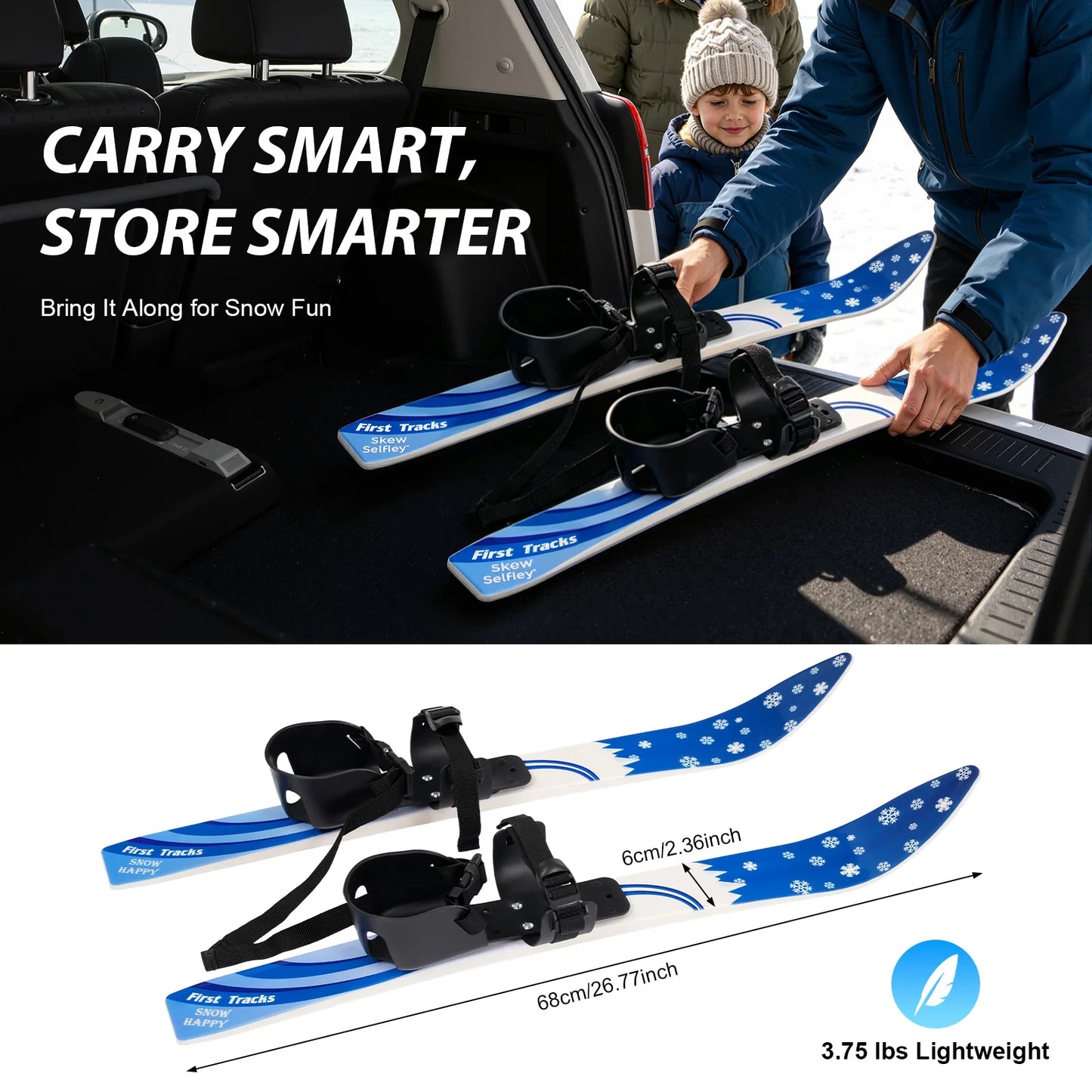 Kids Snow Sports Gear, Kids Skis and Poles, ABS PE Steel Blue 68cm 50kg Load Rounded Tip Kids Skis and Poles, Kids Skis and Poles 2-8 Years Old Beginner Snow Skiing Accessory