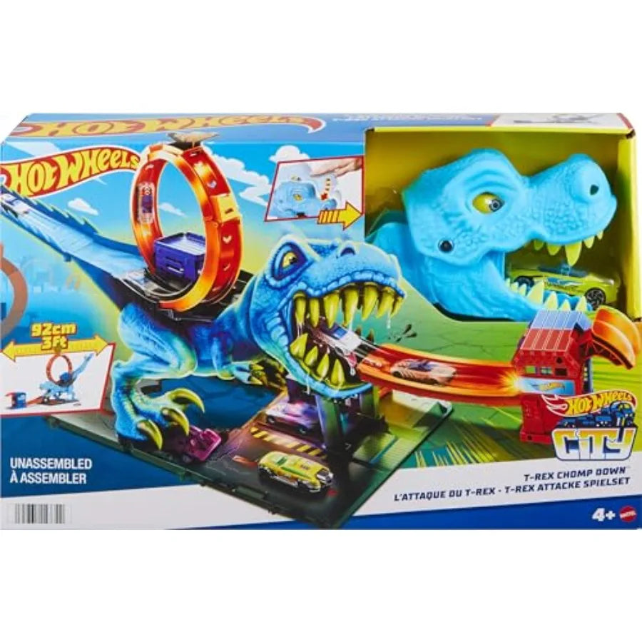 City Track Set with 1 Toy Car, Race Through a Giant Loop to Defeat a Big Dinosaur, T-Rex Loop Stunt and Race Playset