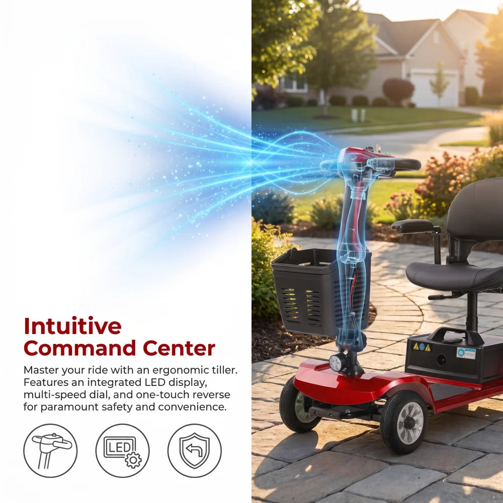 Unificare Red Portable Folding Mobility Scooter Ideal for Adults and Seniors Practical Swivel Seat Stable Anti Tip Design Wear