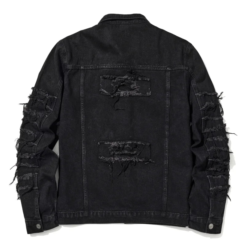 Men's High Street Destroyed Jeans Jacket With Patchwork Fashion Streetwear Ripped Denim Coat For Male Distressed Outerwear