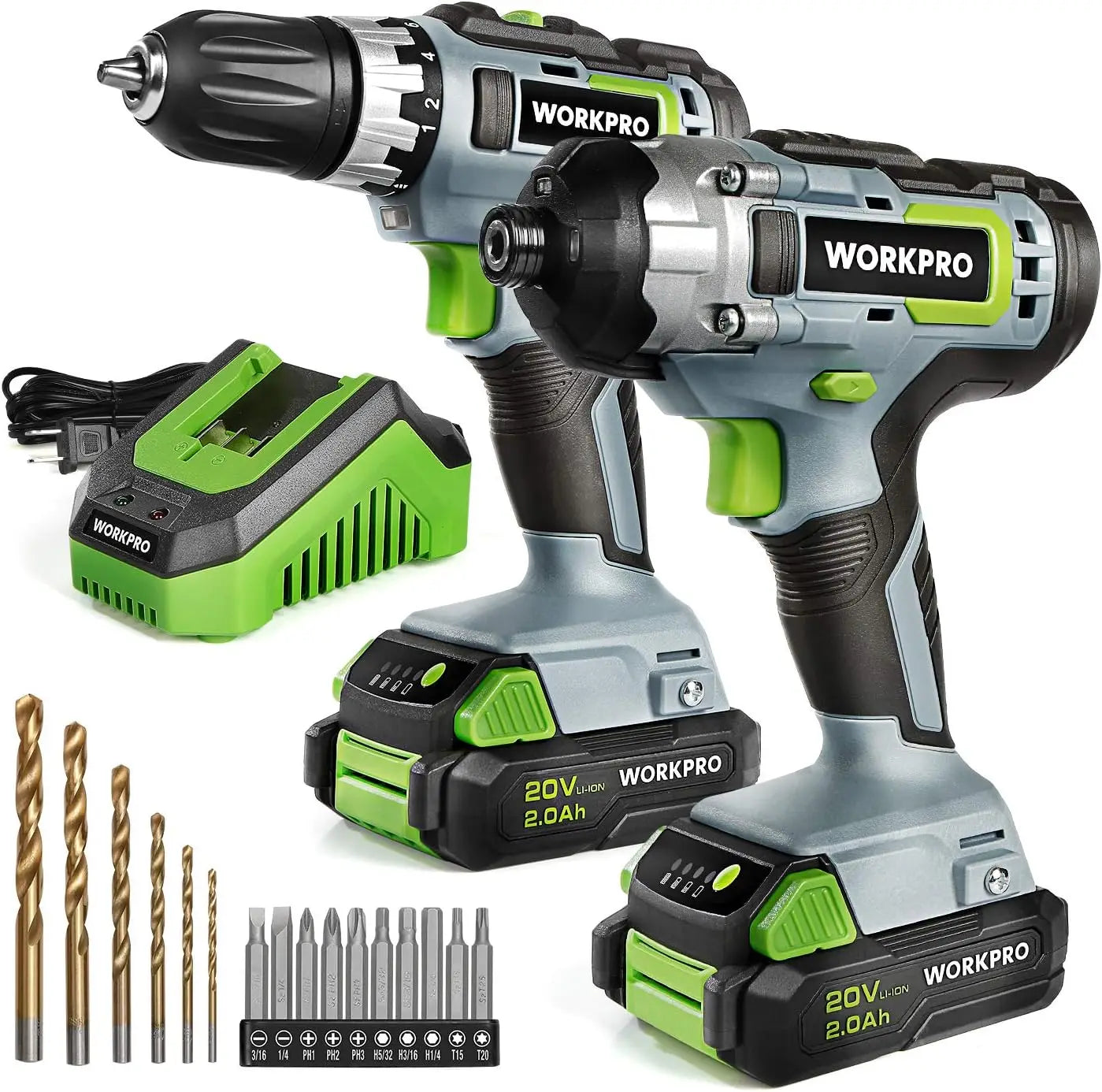 20V Cordless Drill & Impact Driver Combo Kit, 2x 2.0Ah Batteries & Fast Charger