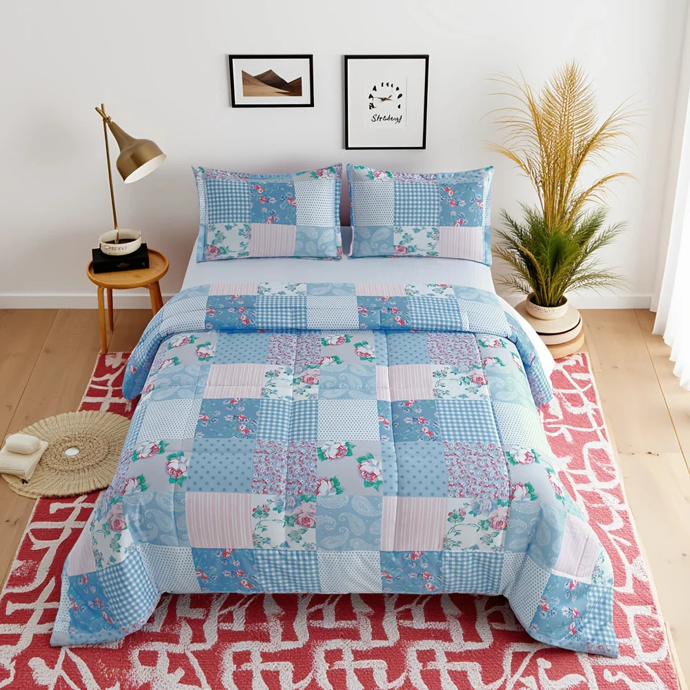 2/3pcs Luxury Comforter Set, Blue Checkered Floral Design, Lightweight Quilt Set For All Seasons, Super Soft Bedding Set For Deep Sleep, Includes 1 Comforter And 1 Or 2 Pillowcases, Bed In A Bag, Machine Washable, Perfect Gif