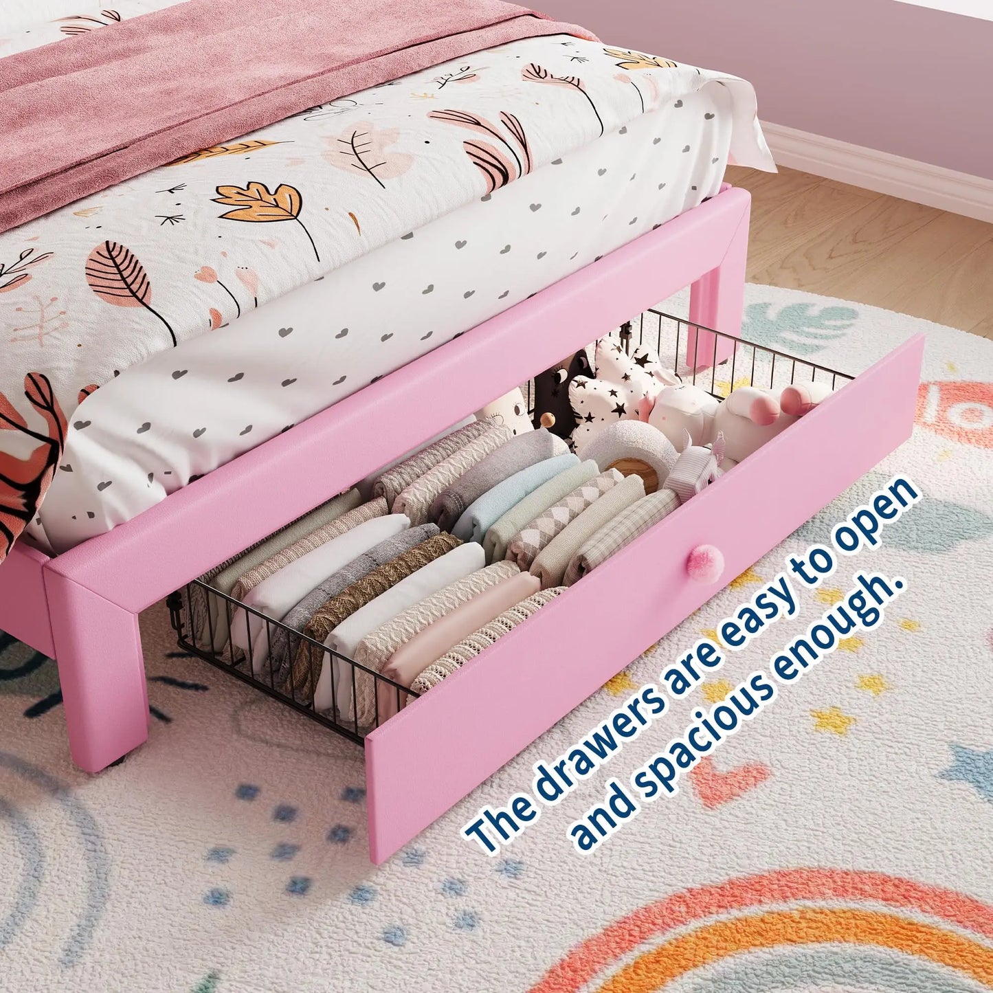 Twin XL Bed Frame With LED Headboard Storage Drawer Velvet Upholstered Platform Bed Crystal Button Noise Free No Box Spring