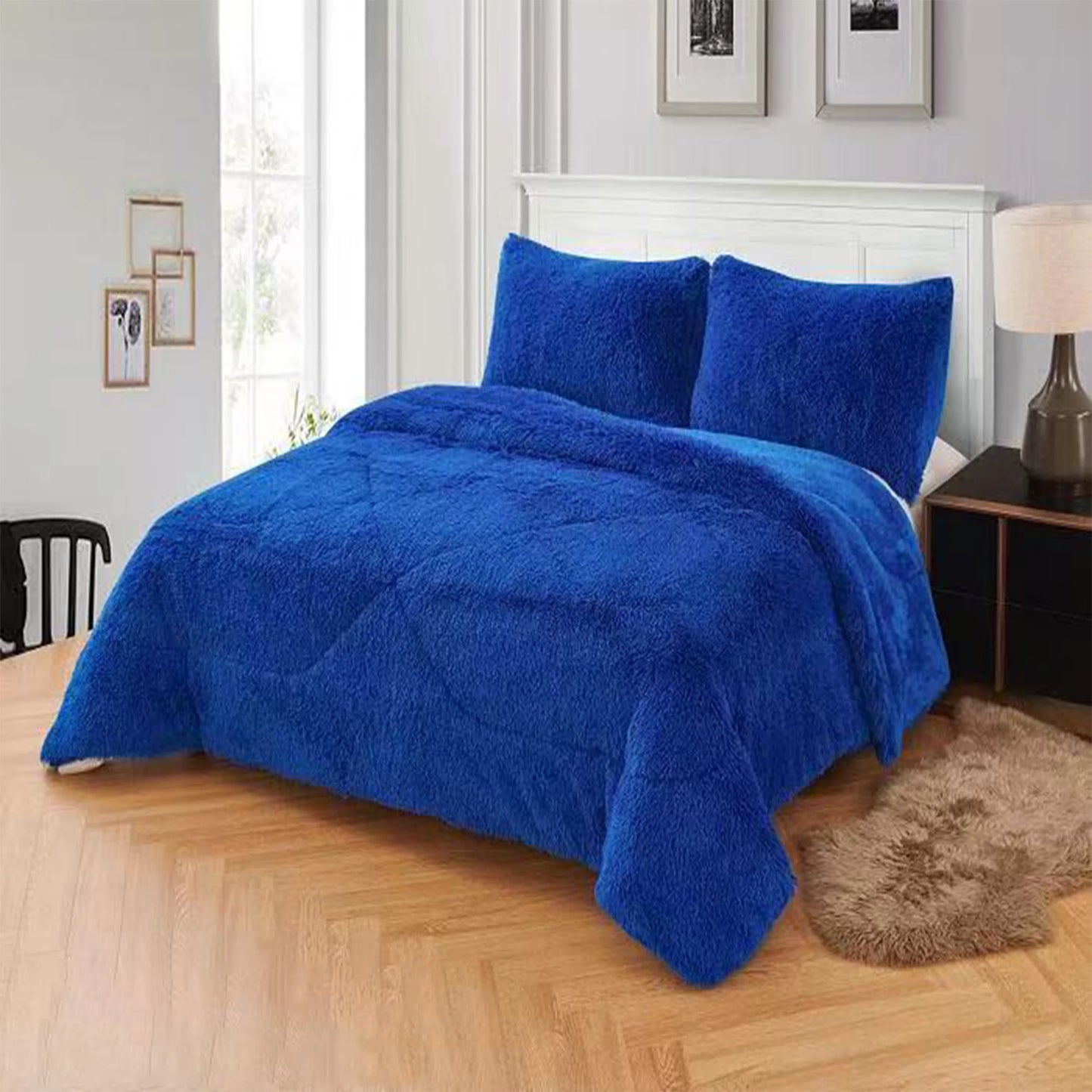 3pc Solid Color Shaggy Comforter Set Luxury PV Faux Fur & Soft Velvet Back Ultra Plush Warm Winter Quilt Thick Minky Fleece Cozy