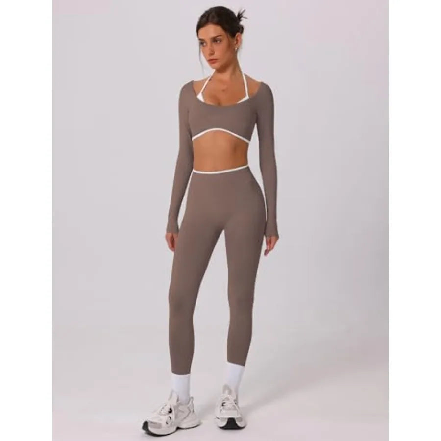 ABOCIW Workout Sets for Women Long Sleeve Crop Top Scrunch Butt Lifting High Waist Leggings 2 Pcs Gym Yoga Outfits
